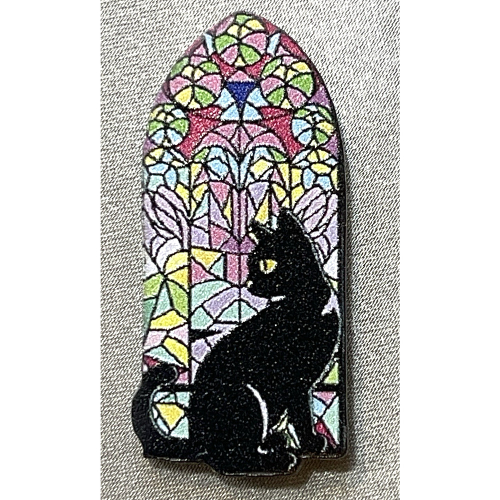 NWOT Black Cat Brooch Lapel Pin Acrylic Stained Glass Floral Rose Mosaic Art 2D